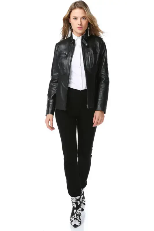 Yb2043 Genuine Leather Women's Jacket Black-BLACK - 2