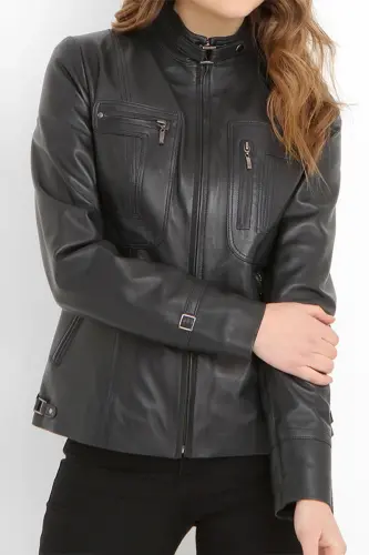 Yb2043 Genuine Leather Women's Jacket Navy Blue - Navy Blue - DERICLUB (1)