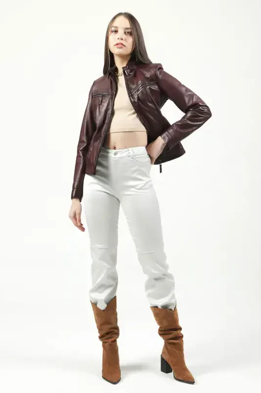 Yb2107 Gerçek Deri Kadın Mont Bordo-BORDO - 2