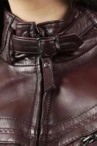 Yb2107 Gerçek Deri Kadın Mont Bordo-BORDO - 5