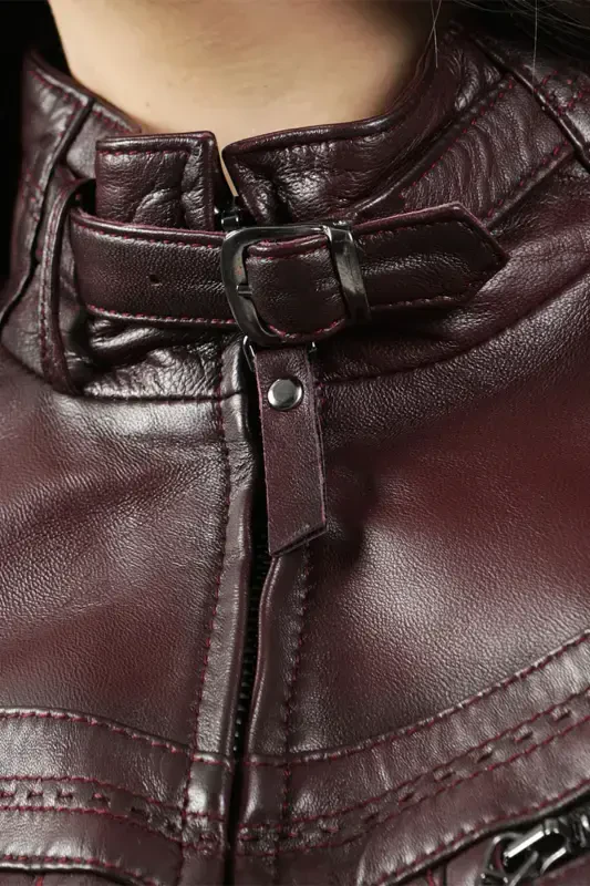 Yb2107 Gerçek Deri Kadın Mont Bordo-BORDO - 5