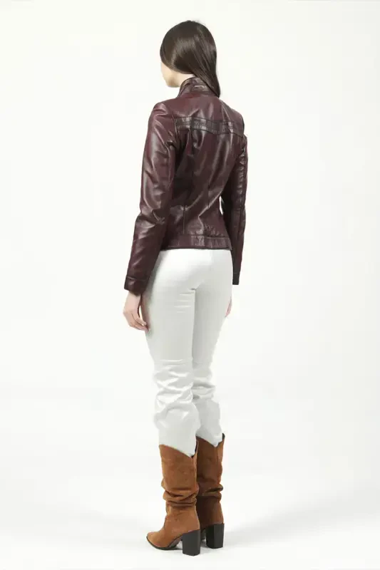 Yb2107 Gerçek Deri Kadın Mont Bordo-BORDO - 6