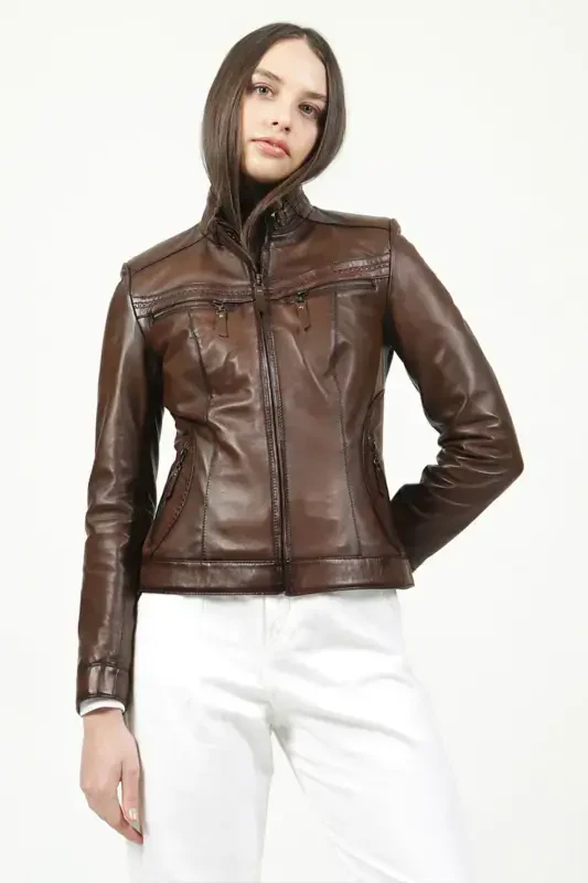 Yb2107 Gerçek Deri Kadın Mont Camel Antik-CAMEL ANTİK - DERICLUB