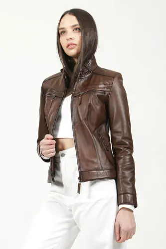 Yb2107 Gerçek Deri Kadın Mont Camel Antik-CAMEL ANTİK - 3
