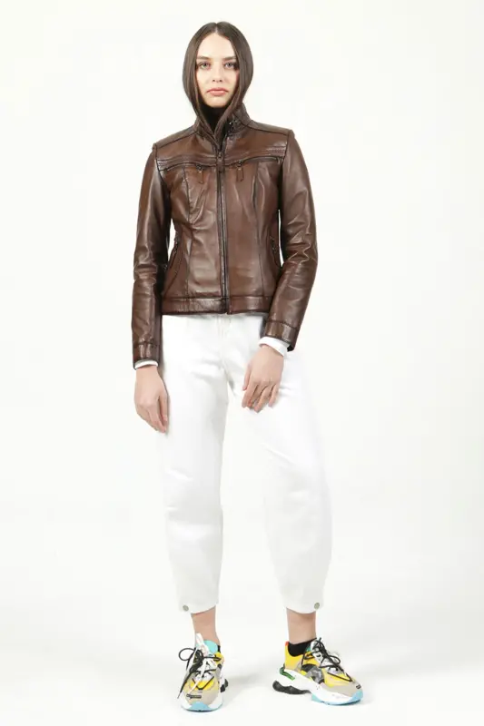 Yb2107 Gerçek Deri Kadın Mont Camel Antik-CAMEL ANTİK - 5