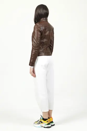 Yb2107 Gerçek Deri Kadın Mont Camel Antik-CAMEL ANTİK - 6