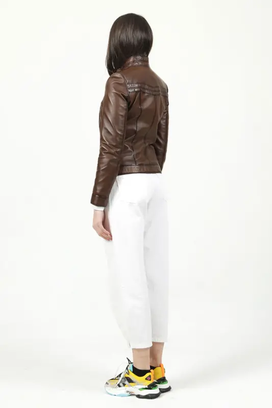 Yb2107 Gerçek Deri Kadın Mont Camel Antik-CAMEL ANTİK - 6