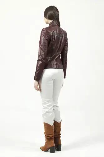Yb2107 Кожаная женская куртка из натуральной кожи бордового цвета-БОРДО - 6