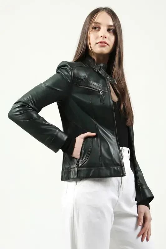 Yb2107 Real Leather Women's Jacket Green-GREEN - 3