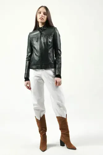 Yb2107 Real Leather Women's Jacket Green-GREEN - 4