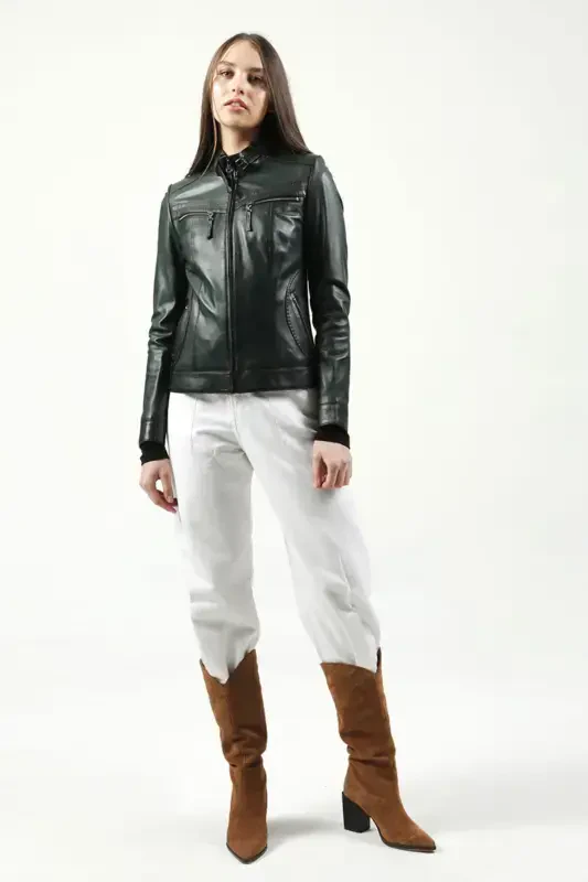 Yb2107 Real Leather Women's Jacket Green-GREEN - 4