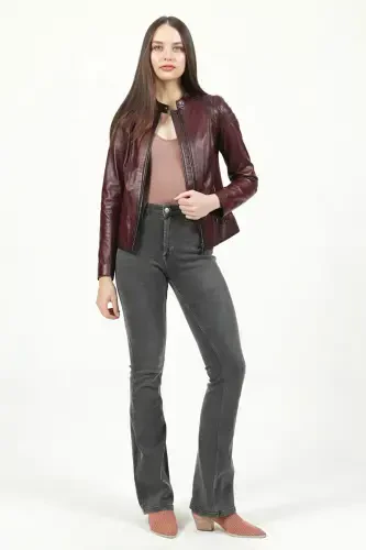 Yb2156 Genuine Leather Women's Jacket Burgundy-BURGUNDY - DERICLUB (1)