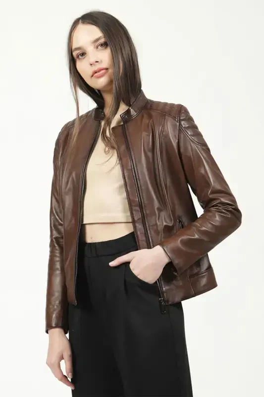 Yb2156 Genuine Leather Women's Jacket Camel Antique-CAMEL ANTIQUE - DERICLUB