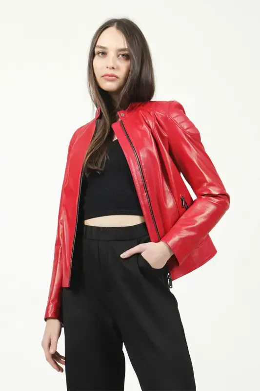 Yb2156 Genuine Leather Women's Jacket Red-RED - DERICLUB