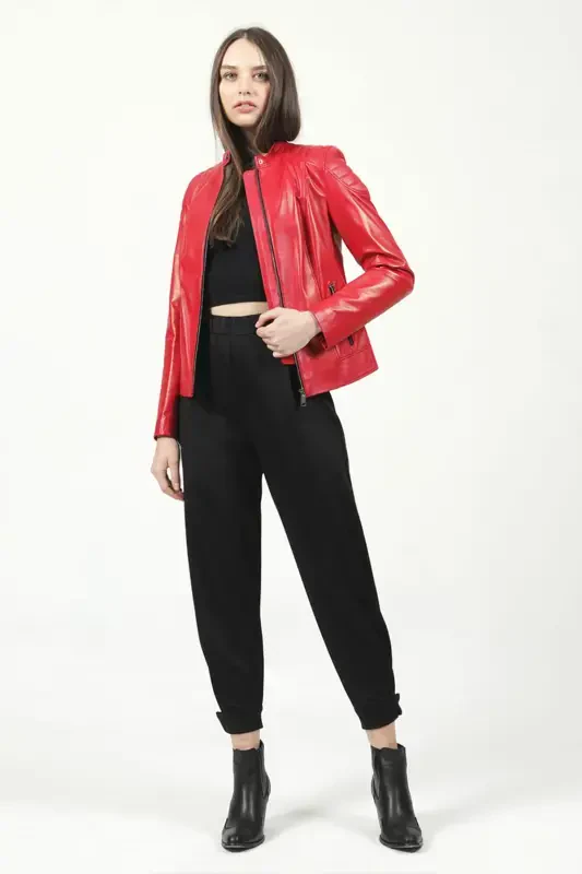 Yb2156 Genuine Leather Women's Jacket Red-RED - 2