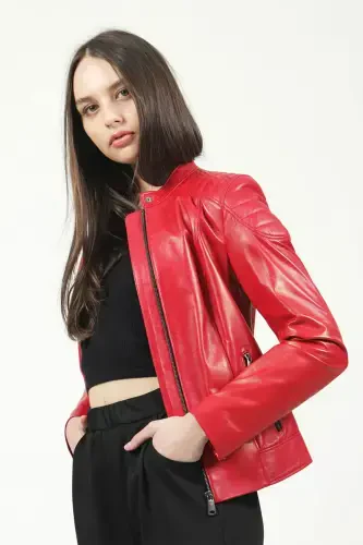Yb2156 Genuine Leather Women's Jacket Red-RED - 3