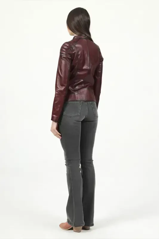 Yb2156 Haqiqiy charm ayollar kurtkasi Bordo-BORDO - 5