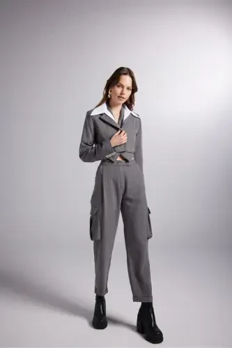 Yechib olinadigan ko'ylak yoqasi detallari chiziqli Crop Kira Blazer ko'ylagi kulrang - 6