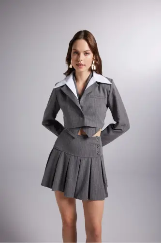 Yechib olinadigan ko'ylak yoqasi detallari chiziqli Crop Kira Blazer ko'ylagi kulrang - 4