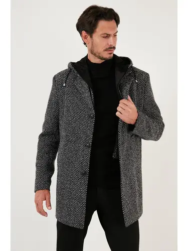 Yechiladigan kapyushonli, qirrali, slim fit qashmiri palto 5841013-Qora - 3