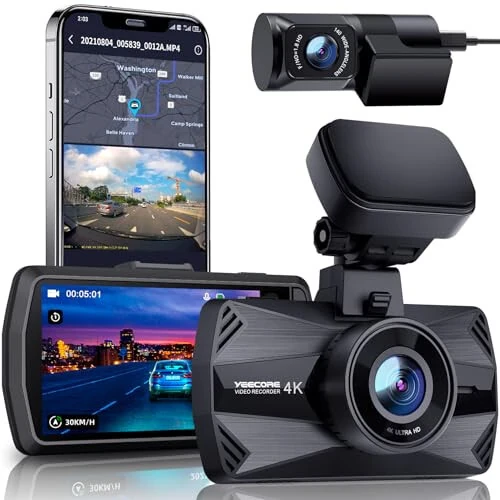 Real 4K Dash Cam Front and Rear, 5.8GHz Wi-Fi GPS, Dual Camera HDR with Top-Level Sensor, 3.3'' IPS Screen, Super Night Vision, G-Sensor, Parking Mode, Dash Camera for Cars with App, Support 512GB Max - YEECORE