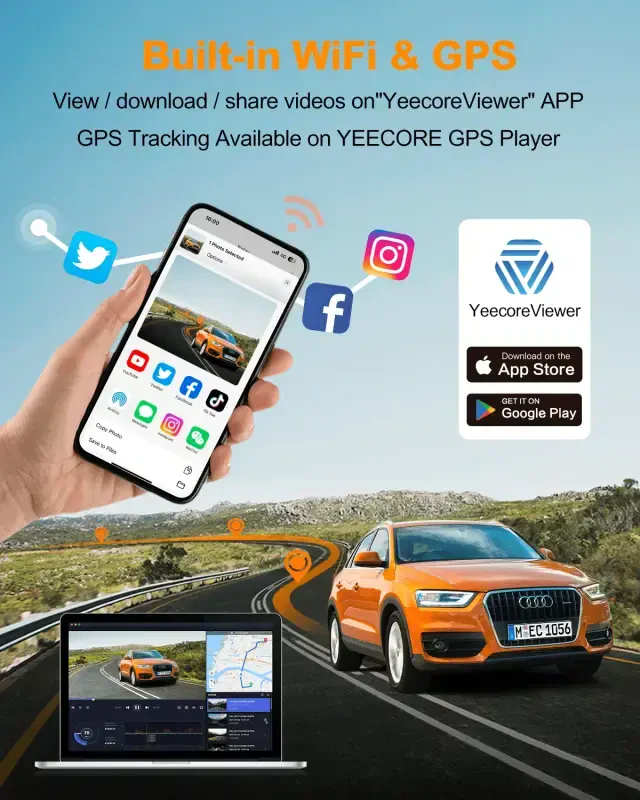 YEECORE Dual Dash Cam, Real 4K+1080P oldingi va orqa, o'rnatilgan WiFi GPS, 3