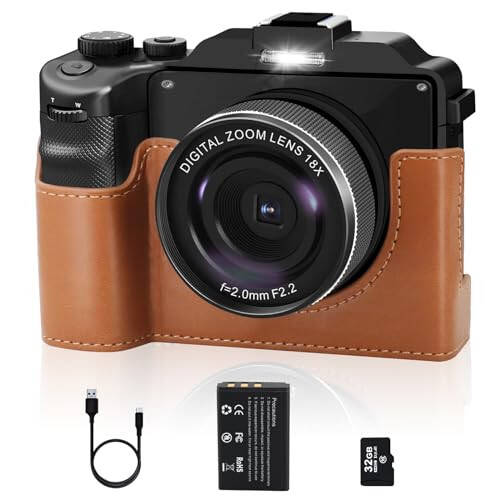 YEEIN 4K Cameras for Photography and Video, 3'' Screen Compact Digital Camera with Leather Case, Autofocus 48MP Vlogging Camera with 32G Card, Dual Lens 4k Camera with Built-in 7 Color Filters - 1