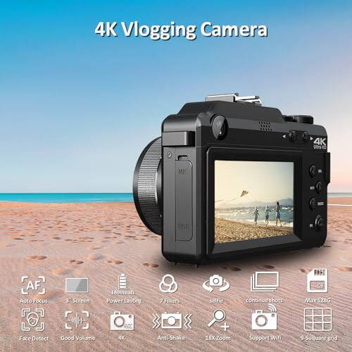 YEEIN 4K Foto va Video Uchun Kameralar, 3'' Ekranli Kompakt Raqamli Kamera Teri Qopqoq bilan, Avtofokusli 48MP Vlogging Kamerasi 32G Karta bilan, Ikki Linzalik 4k Kamera O'rnatilgan 7 Rangli Filtrlar bilan - 2