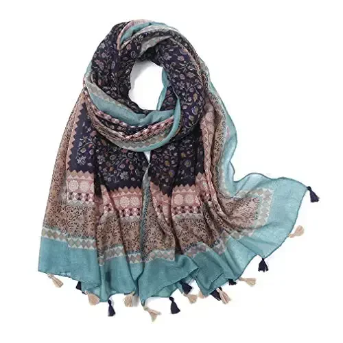 Yeieeo Boho Scarf for Women Lightweight Floral Printed Scarf Fall Winter Fashion Fringed Shawl - YEIEEO