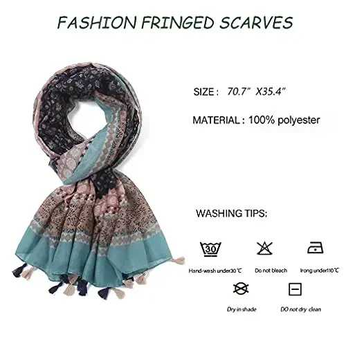 Yeieeo Boho Scarf for Women Lightweight Floral Printed Scarf Fall Winter Fashion Fringed Shawl - 5
