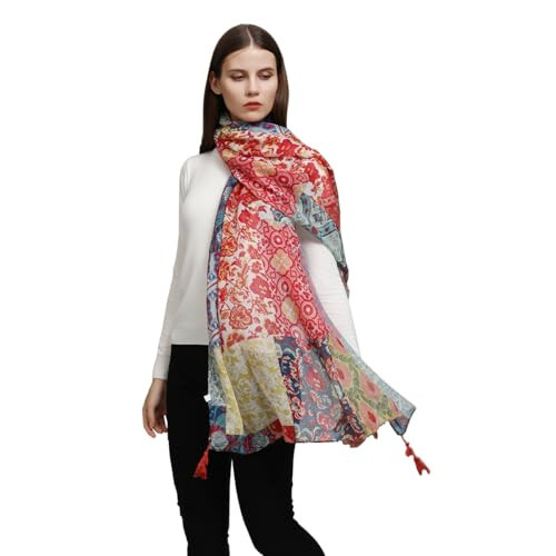 Yeieeo Boho Scarf for Women Lightweight Floral Printed Scarf Fall Winter Fashion Fringed Shawl - 5