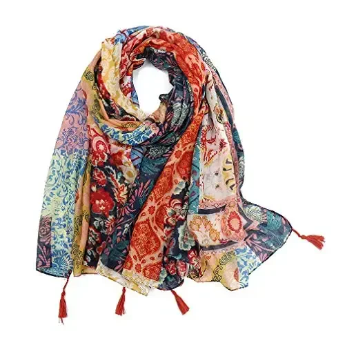 Yeieeo Boho Scarf for Women Lightweight Floral Printed Scarf Fall Winter Fashion Fringed Shawl - MODAZONE