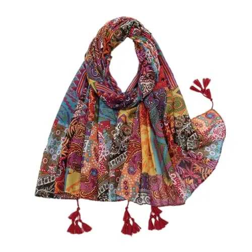 Yeieeo Boho Scarf for Women Lightweight Floral Printed Scarf Fall Winter Fashion Fringed Shawl 