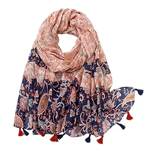 Yeieeo Boho Scarf for Women Lightweight Floral Printed Scarf Fall Winter Fashion Fringed Shawl - YEIEEO