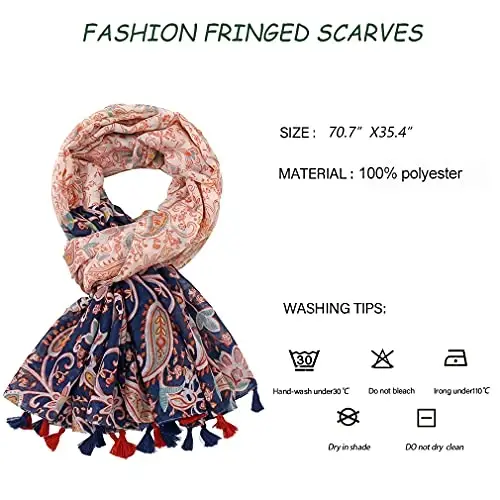 Yeieeo Boho Scarf for Women Lightweight Floral Printed Scarf Fall Winter Fashion Fringed Shawl - 4