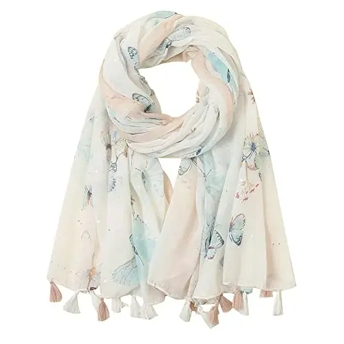 Yeieeo Boho Scarf for Women Lightweight Floral Printed Scarf Fall Winter Fashion Fringed Shawl - 5