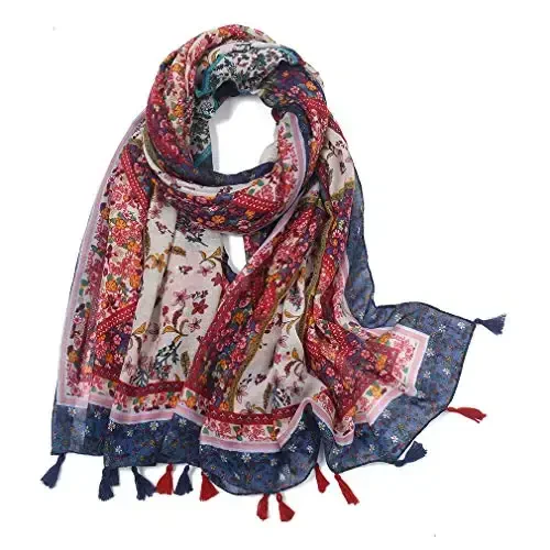 Yeieeo Boho Scarf for Women Lightweight Floral Printed Scarf Fall Winter Fashion Fringed Shawl - 1
