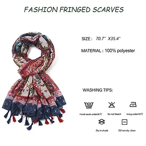 Yeieeo Boho Scarf for Women Lightweight Floral Printed Scarf Fall Winter Fashion Fringed Shawl - 5