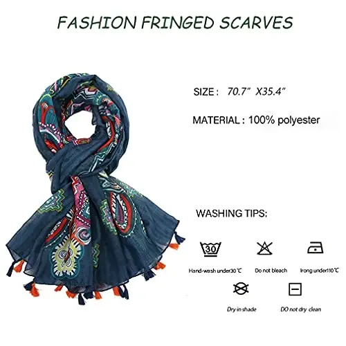 Yeieeo Boho Scarf for Women Lightweight Floral Printed Scarf Fall Winter Fashion Fringed Shawl - 6
