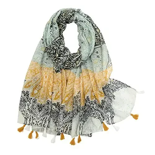 Yeieeo Boho Scarf for Women Lightweight Floral Printed Scarf Fall Winter Fashion Fringed Shawl - YEIEEO
