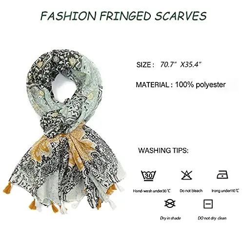 Yeieeo Boho Scarf for Women Lightweight Floral Printed Scarf Fall Winter Fashion Fringed Shawl - 3