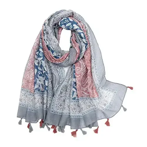 Yeieeo Boho Scarf for Women Lightweight Floral Printed Scarf Fall Winter Fashion Fringed Shawl - YEIEEO