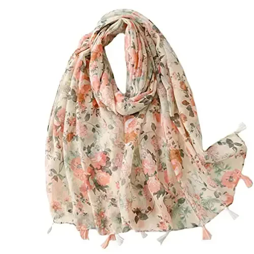 Yeieeo Boho Scarf for Women Lightweight Floral Printed Scarf Fall Winter Fashion Fringed Shawl - YEIEEO