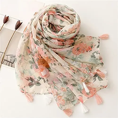 Yeieeo Boho Scarf for Women Lightweight Floral Printed Scarf Fall Winter Fashion Fringed Shawl - 4