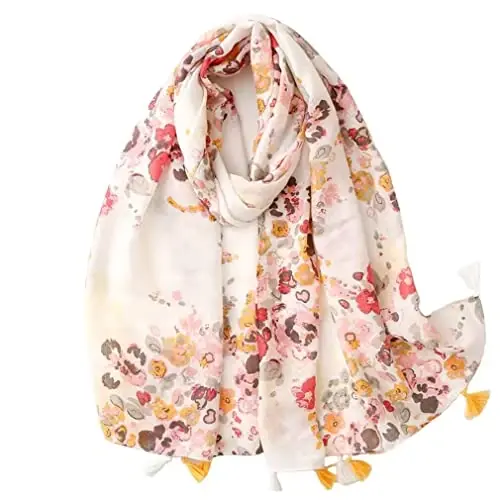 Yeieeo Boho Scarf for Women Lightweight Floral Printed Scarf Fall Winter Fashion Fringed Shawl 
