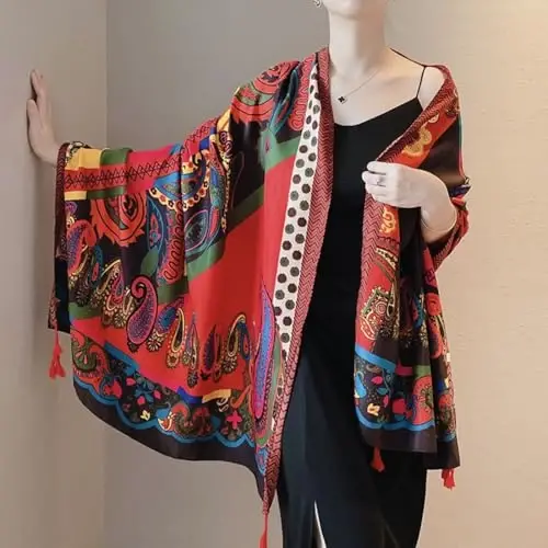 Yeieeo Boho Scarf for Women Lightweight Floral Printed Scarf Fall Winter Fashion Fringed Shawl - 6