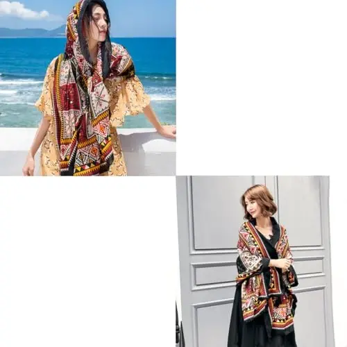 Yeieeo Boho Scarf for Women Lightweight Floral Printed Scarf Fall Winter Fashion Fringed Shawl - 6