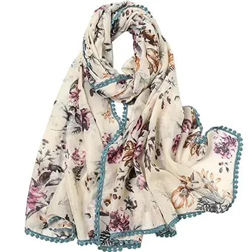 Yeieeo Boho Scarf for Women Lightweight Floral Printed Scarf Fall Winter Fashion Fringed Shawl - 1