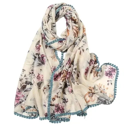 Yeieeo Boho Scarf for Women Lightweight Floral Printed Scarf Fall Winter Fashion Fringed Shawl 