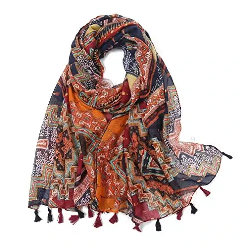 Yeieeo Boho Scarf for Women Lightweight Floral Printed Scarf Fall Winter Fashion Fringed Shawl 